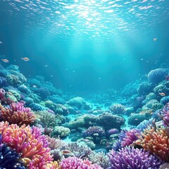 Obraz premium Aquamarine ocean floor with coral and anemones , sea anemone, starfish, aquamarine, coral reef, seashells