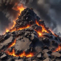 Ants crawling on top of a burning waste pile as black smoke billows out , smoke, spewing