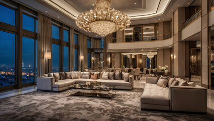 a very expensive and stylish penthouse in a modern Dorchester collection hotel style, with very high ceilings, beautiful curtains, many elegant large decorative elements