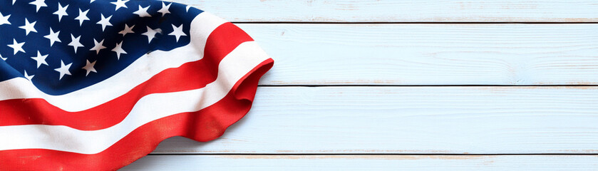 Obraz premium Waving American flag on a rustic wooden background, symbolizing patriotism and freedom.