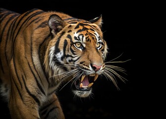 Fototapeta premium A fierce Malayan tiger baring its teeth with an intense gaze isolated on black background