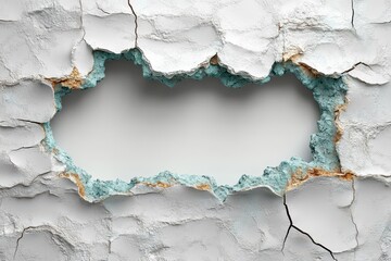Obraz premium 3D hole in a white cracked wall with detailed fractures creating a dynamic visual.