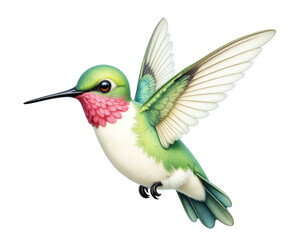 Obraz premium Hummingbird with green head and pink feathers in flight transparent background