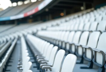 Obraz premium White tribunes. seats of tribune on sport stadium. empty outdoor arena. concept of fans. chairs for audience. cultural environment concept. color and symmetry. empty seats. modern stadium