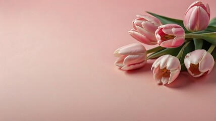 Fototapeta premium Beautiful Pink Tulip Bouquet on Pastel Pink Background – Spring Floral Composition