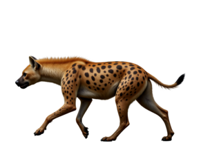 Hyena with brown and black spotted fur walking on transparent background