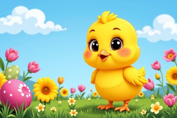 Adorable Easter Chick in Spring Meadow with Colorful Eggs and Flowers