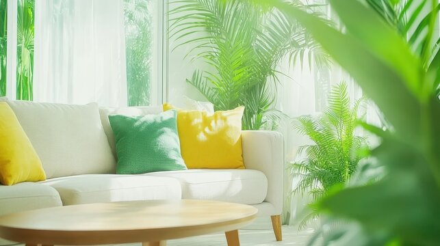 Serene Living Room Oasis: A bright and airy living room, filled with lush greenery and vibrant throw pillows, exudes a sense of calm and tranquility. The sunlight streams through the large window.