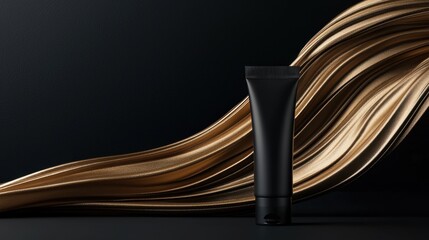 Glamorous cosmetic moisturizer. Sleek black cosmetic tube with flowing golden strands on a dark background.