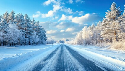 Obraz premium Winter Wonderland Road: A Snowy Scenic Drive