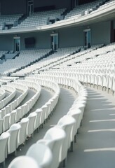 Fototapeta premium White tribunes. seats of tribune on sport stadium. empty outdoor arena. concept of fans. chairs for audience. cultural environment concept. color and symmetry. empty seats. modern stadium
