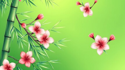 Pink blossoms and bamboo on green background.