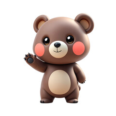 Obraz premium Cute cartoon brown bear waving hello against a transparent background.