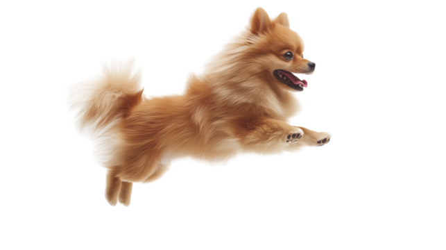 Pomeranian spitz dog joyfully jumping in mid-air against a bright background