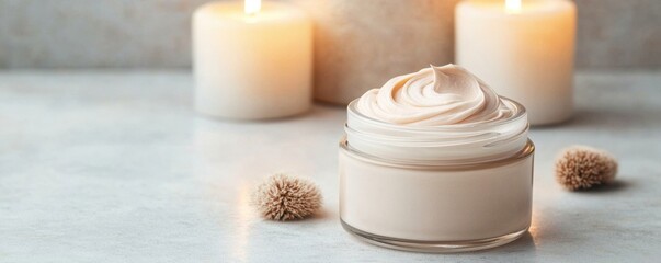 Glamorous cosmetic moisturizer. Moisturizing cream jar surrounded by candles and decorative elements.