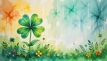 Vibrant four-leaf clover in blooming field with colorful backdrop, luck symbolism, watercolor painting, st patrick's day