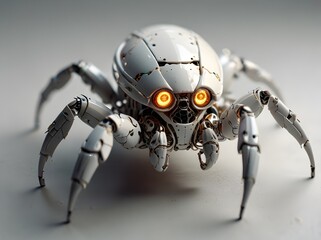 A futuristic white robot spider with glowing orange eyes on a smooth surface.