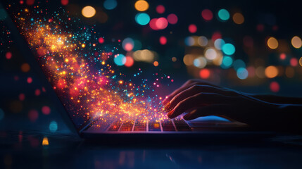 A person typing on a laptop, with colorful sparks emanating from the keyboard.