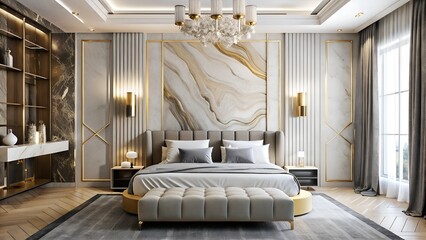 Design of modern luxurious bedroom with marble white and gold wall