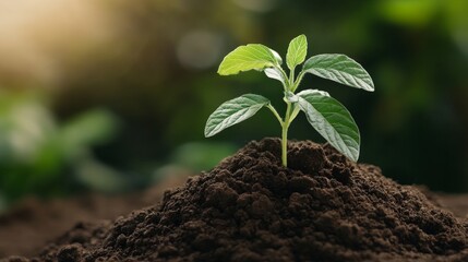 Fototapeta premium goals with strategy and sustainability concept, Young plant sprouting from rich soil in a natural environment.