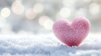 Obraz premium Pink Heart in Snowy Scene: Winter Romance, Love Symbol, Sparkling Background
