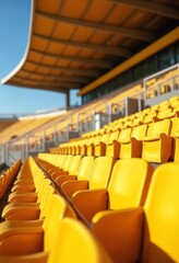 Yellow tribunes. seats of tribune on sport stadium. empty outdoor arena. concept of fans. chairs for audience. cultural environment concept. color and symmetry. empty seats. modern stadium