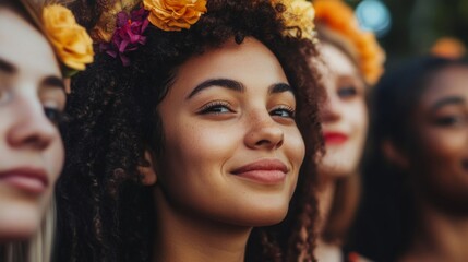 Fototapeta premium Group of diverse women smiling at a summer festival wearing flower crowns