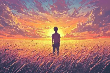 Obraz premium The beauty of nature captured through an anime man's gaze at dusk.