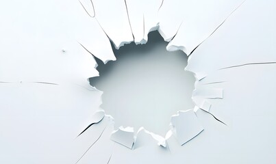 Shattered white surface, hole, cracks, studio background, design element