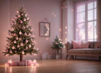 Christmas tree with frosted glass ornaments and soft pink fairy lights, glass, fairy