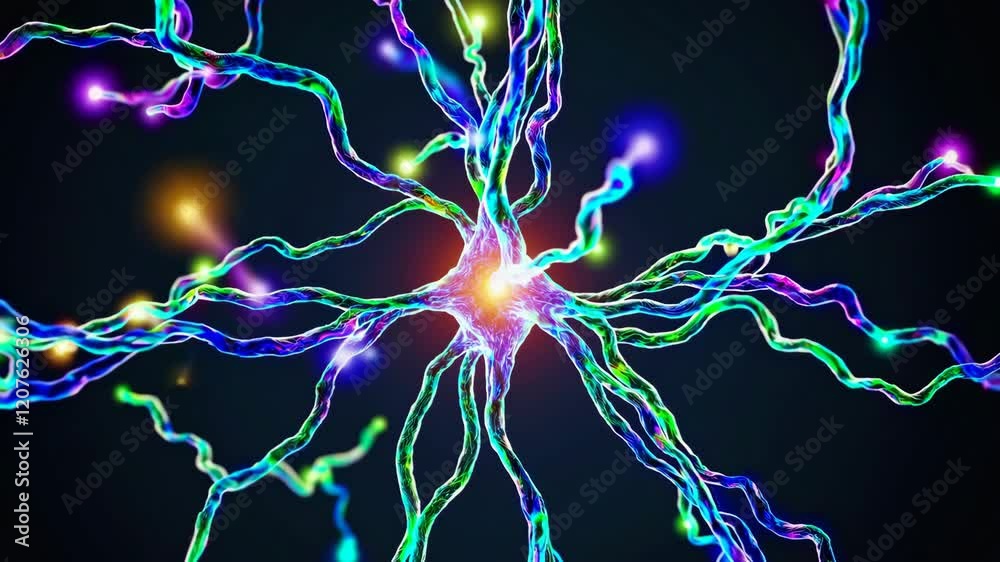 Poster colorful neural network connections with glowing nodes, abstract digital illustration. futuristic te