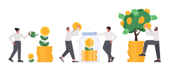 Money savings, investments and deposit growth concept. Men and women characters investors save money, water money tree and receive dividends. Set of financial vector illustration.
