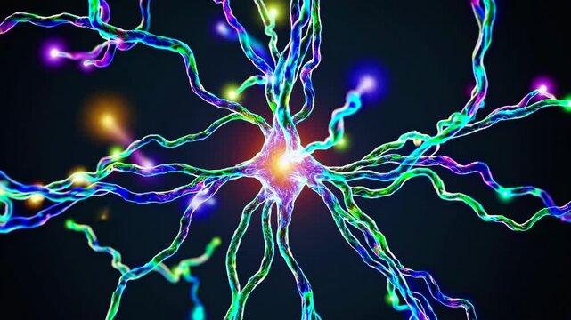 Colorful neural network connections with glowing nodes, abstract digital illustration. Futuristic technology and neuroscience concept