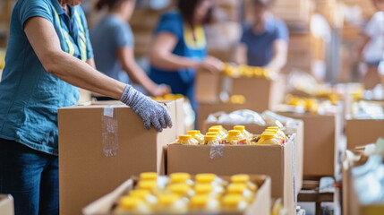 Volunteers preparing food donations in cardboard boxes in warehouse
