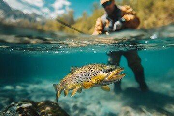 Fisherman catching brown trout in clear mountain river
