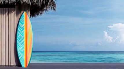 A vibrant surfboard stands against a beachside backdrop, evoking a sense of leisure and adventure.