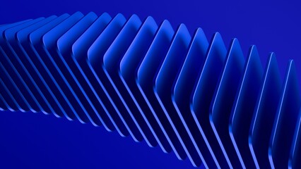 Abstract background with a row of smooth, curved blue plates on a gradient blue background. 3D render.