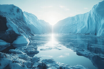 Fototapeta premium A serene icy landscape with glacial formations reflecting in calm water under soft light.