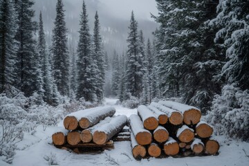 Snow falling on cut logs in a winter forest road