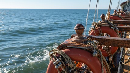 Nautical lifeboat with coiled ropes reflecting light against ocean backdrop