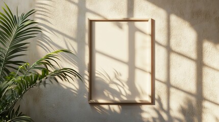 Naklejka premium Minimalist wall art mockup with plant shadows and soft sunlight creating a peaceful ambiance