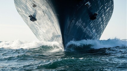 Ships stern cutting water creating ripples glinting in sunlight