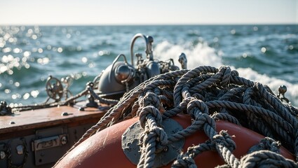 Obraz premium Nautical lifeboat with coiled ropes reflecting light against ocean backdrop