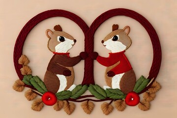 Fototapeta premium two squirrels in a wreath with holly leaves