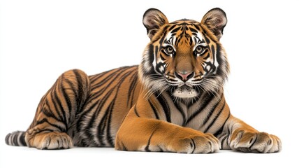 Obraz premium Regal tiger sitting powerfully isolated on white background animal photography studio environment portrait style