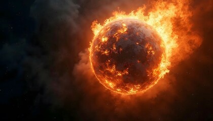 Obraz premium Infernal Planet: A fiery cosmic spectacle unfolds before our eyes, a blazing world engulfed in flames, a testament to the universe's raw power and enigmatic beauty.