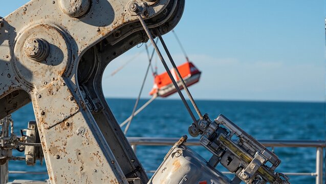 Ships lifeboat davit with hanging lifeboat gleaming metal construction