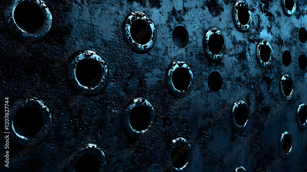 Poster A dark, textured surface featuring multiple circular holes, creating a visually striking and industrial appearance