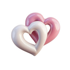 3D illustration featuring two intertwined hearts, one pink and one white. This design symbolizes love and unity, perfect for romantic and decorative themes. Isolated on transparent background, png.
