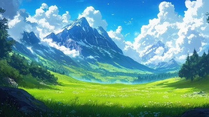 Obraz premium Majestic mountains backdrop that highlights a flourishing green landscape.